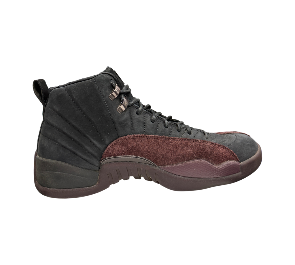 Genesis Boutique Jordan 12 A Ma Maniere Black sneakers featuring black suede and burgundy textured leather overlays.