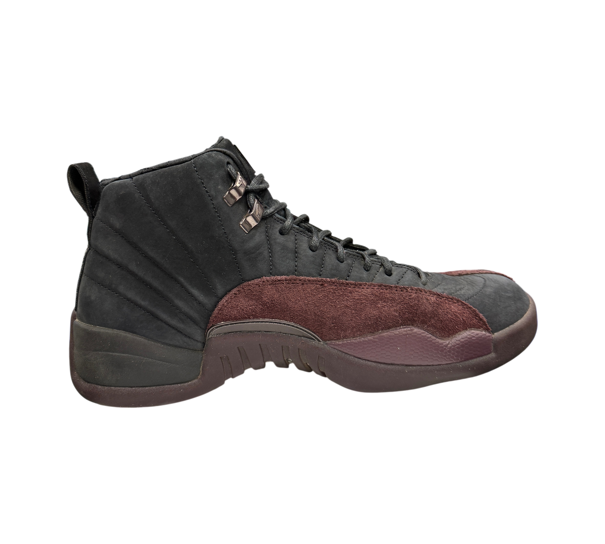 Genesis Boutique Jordan 12 A Ma Maniere Black sneakers featuring black suede and burgundy textured leather overlays.