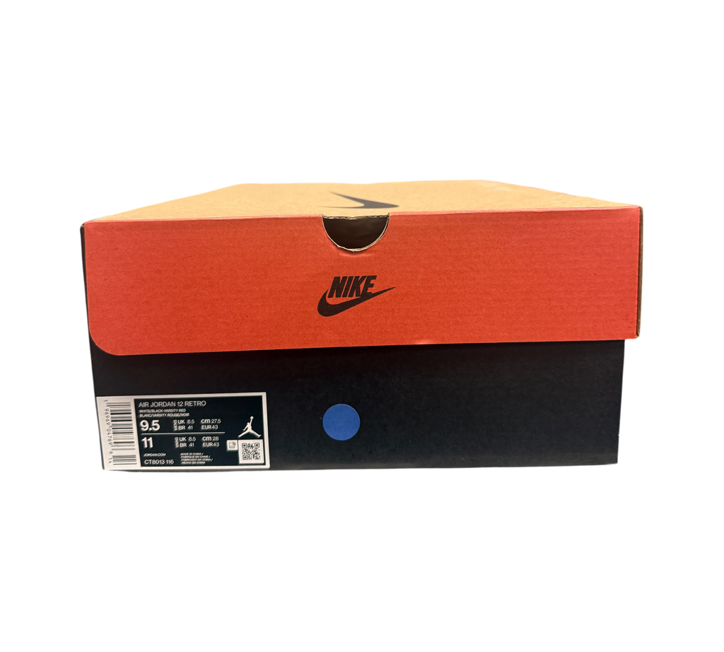 Genesis Boutique Jordan 12 "Cherry 2023" Retro sneaker box, white and black with red lid.