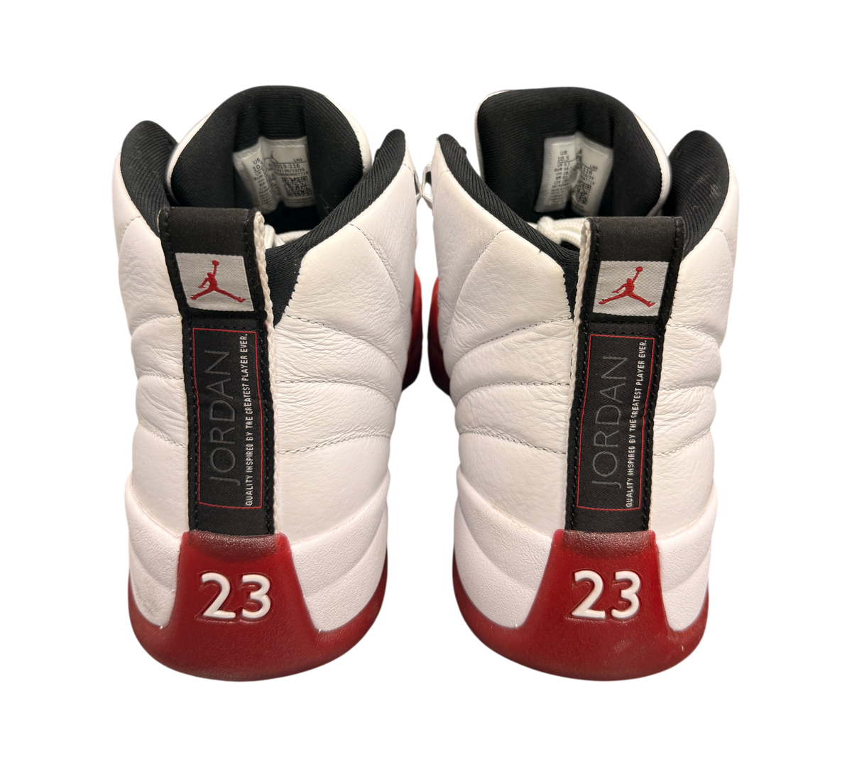 Genesis Boutique used Jordan 12 Cherry sneakers featuring white leather, red accents, and 23 branding on the heel.