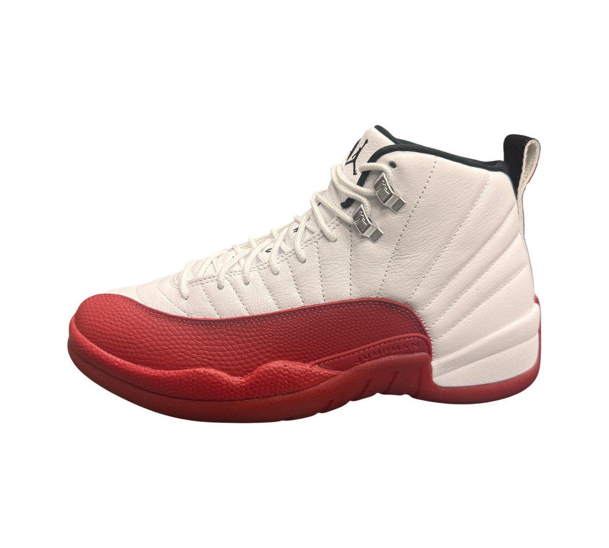 Genesis Boutique Jordan 12 "Cherry 2023" sneakers with white leather uppers and red textured mudguards.