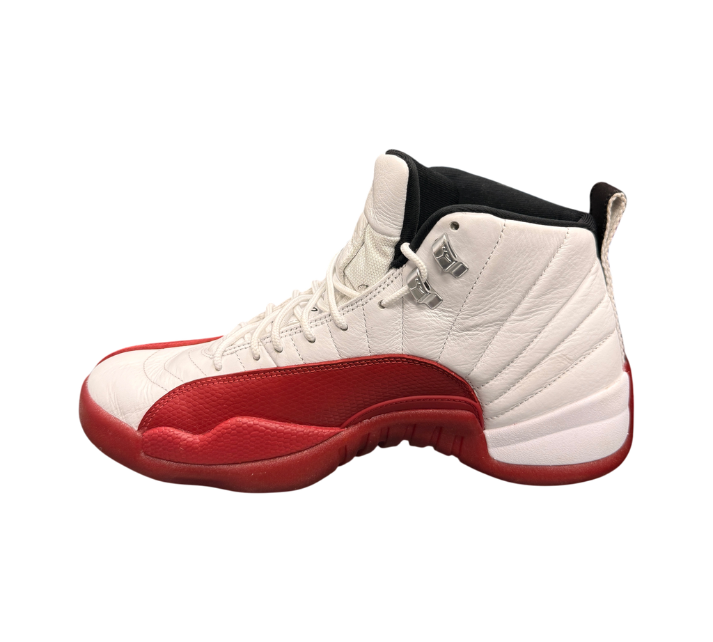 Genesis Boutique pre-owned Jordan 12 Cherry sneakers in white and red leather with metallic silver eyelets.