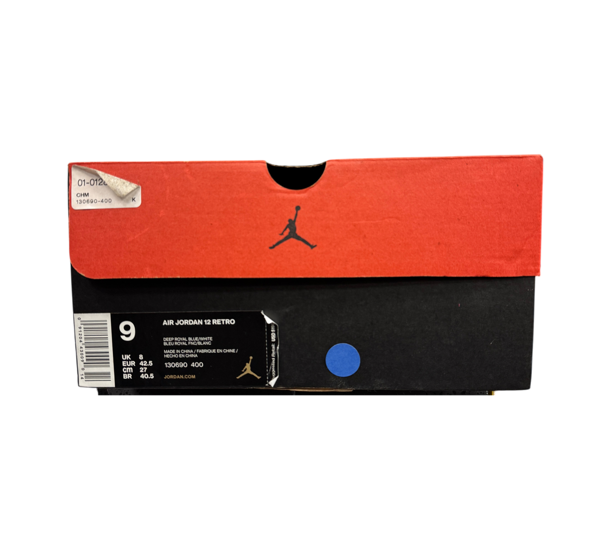 Genesis Boutique Jordan 12 Deep Royal Blue Retro shoe box with SKU 130690-400 and size 9 label.