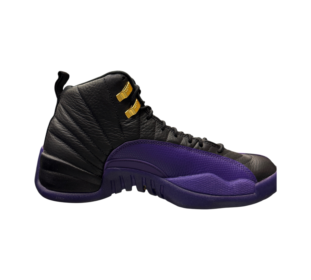 Genesis Boutique pre-owned Jordan 12 Field Purple sneakers in black and purple leather with gold eyelets.