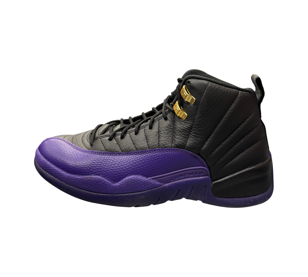 Genesis Boutique pre-owned Jordan 12 Field Purple sneakers featuring black leather and purple textured mudguards.