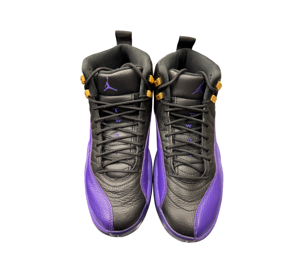 Genesis Boutique pre-owned Jordan 12 Field Purple sneakers in black and purple leather with gold eyelet accents.