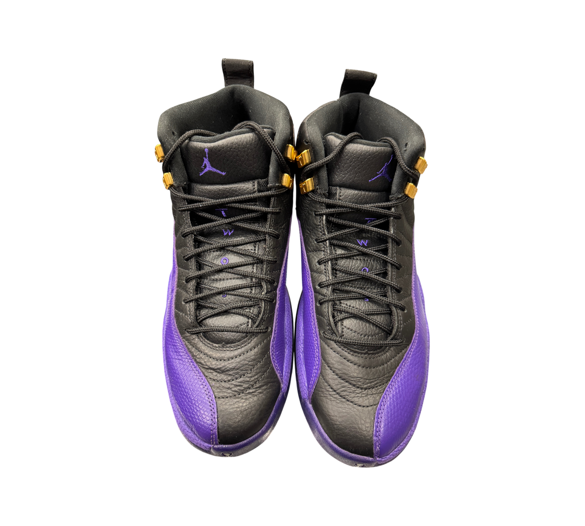 Genesis Boutique pre-owned Jordan 12 Field Purple sneakers in black and purple leather with gold eyelet accents.