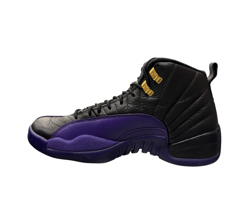 Genesis Boutique pre-owned Jordan 12 Field Purple sneakers in black leather with purple accents and gold eyelets.