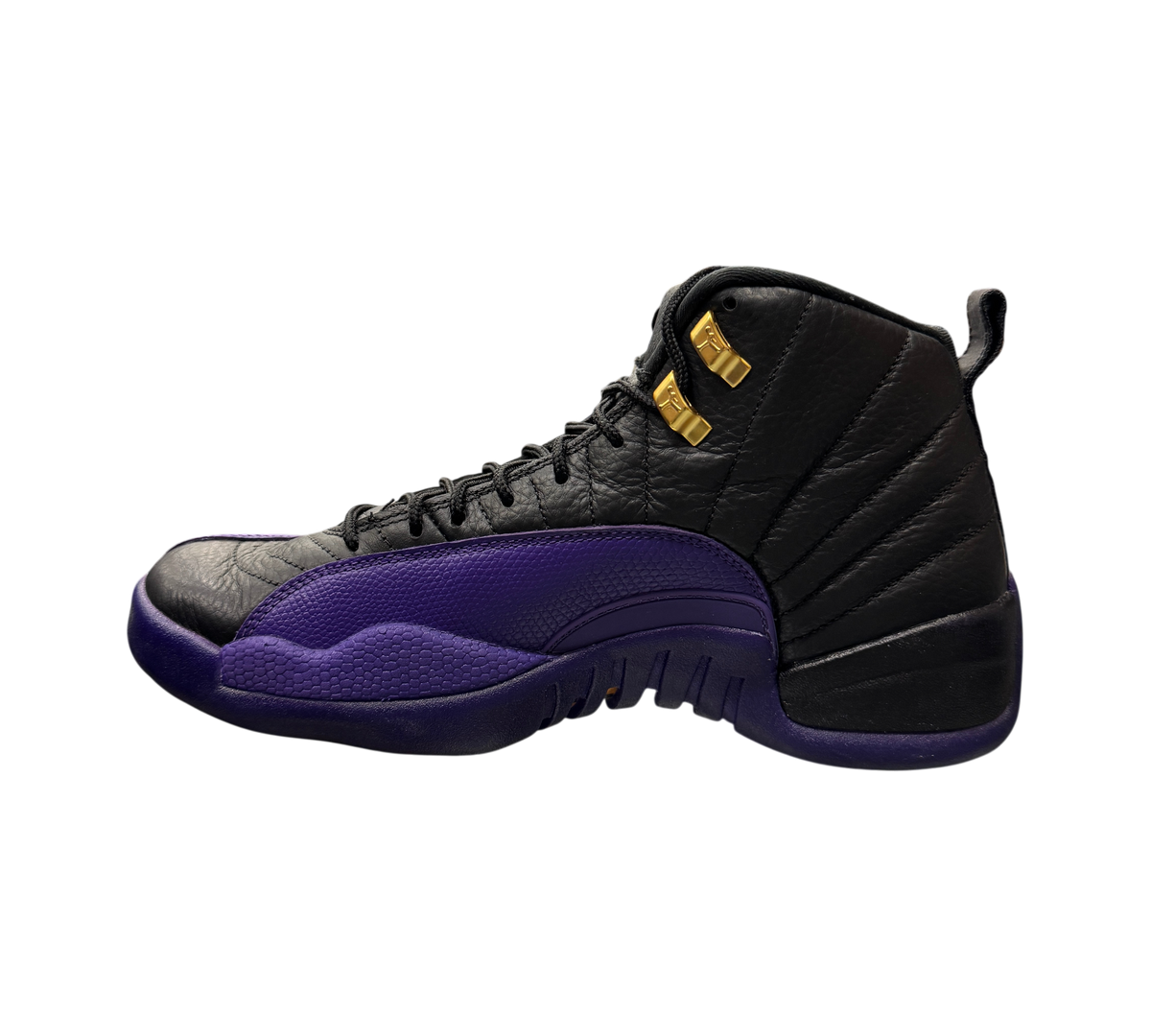 Genesis Boutique pre-owned Jordan 12 Field Purple sneakers in black leather with purple accents and gold eyelets.
