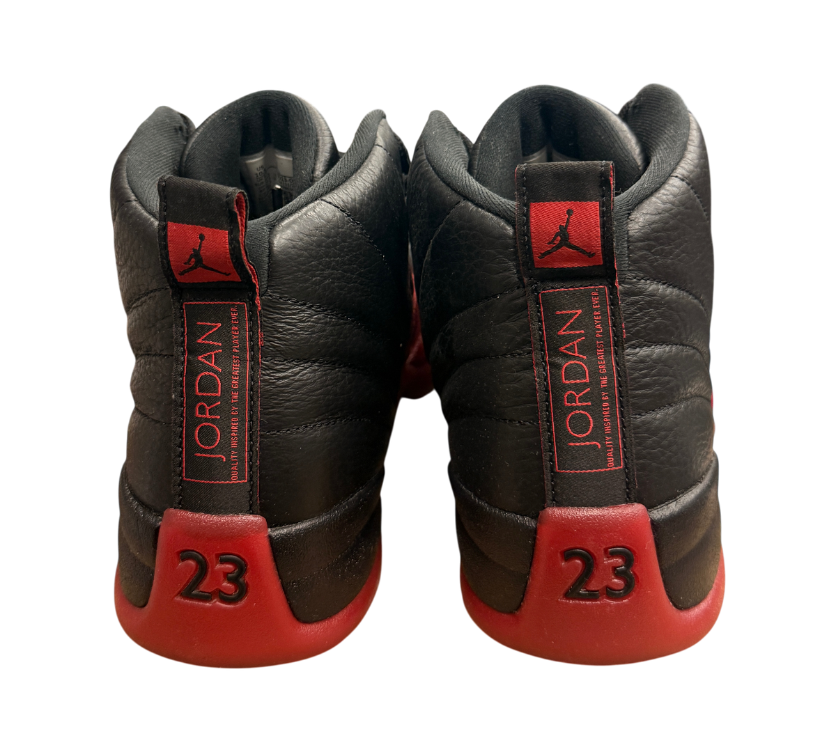 Genesis Boutique pre-owned Jordan 12 Flu Game sneakers in black and red leather with 23 branding on the heel.