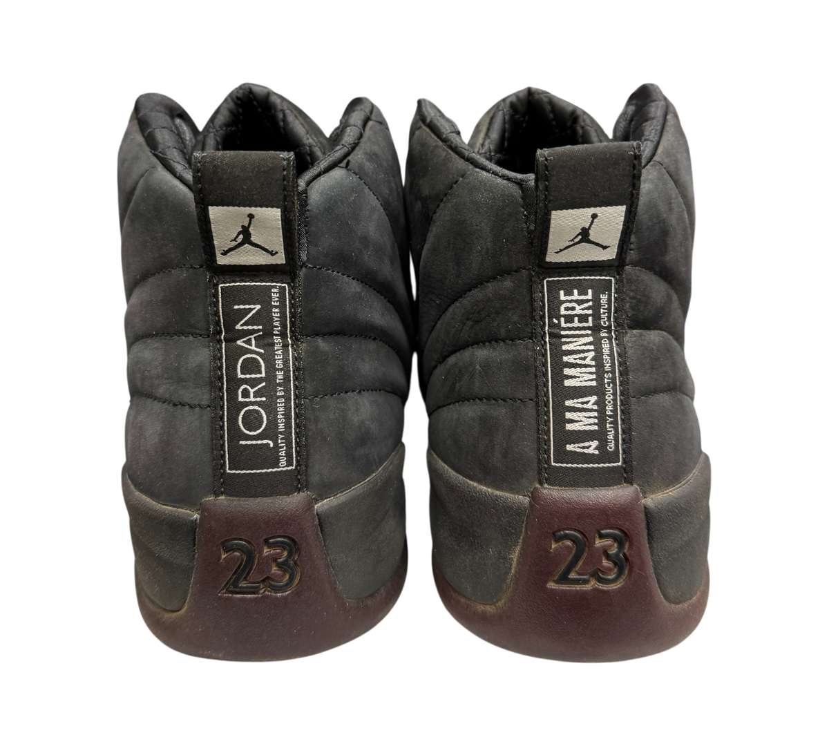 Genesis Boutique Jordan 12 A Ma Maniere Black sneakers showing rear heel branding and 23 detailing