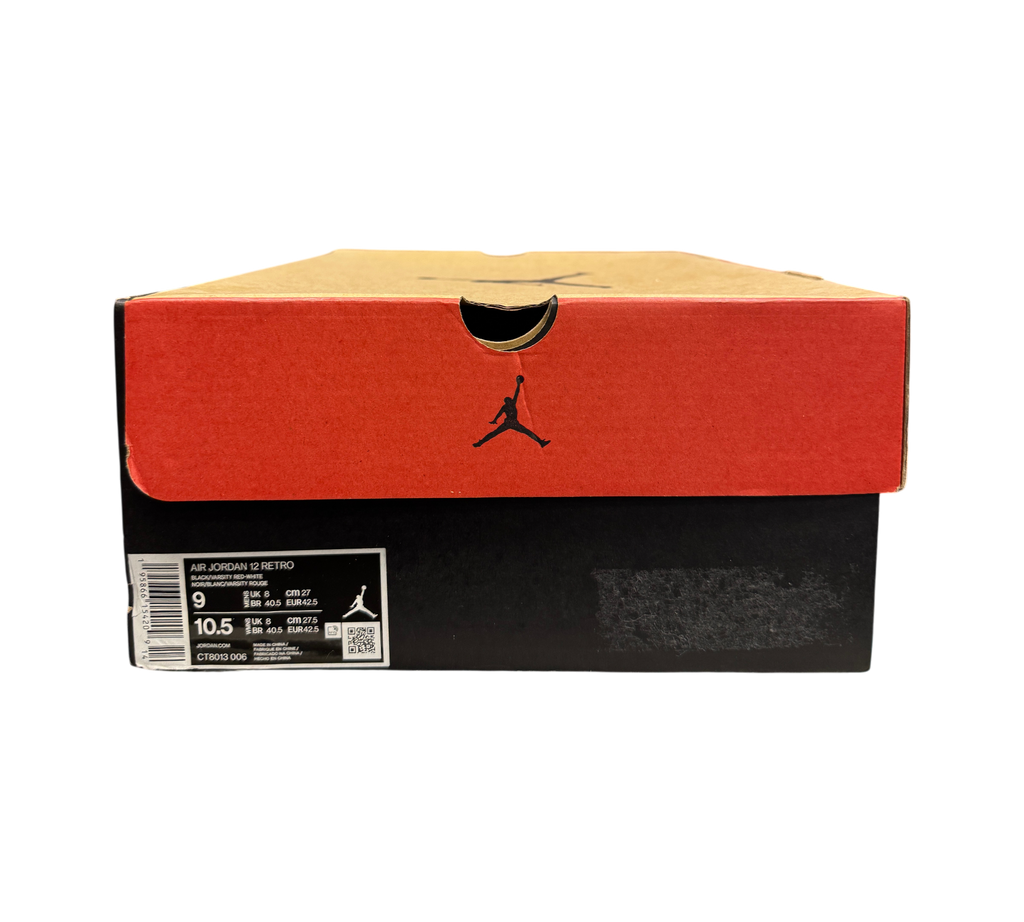 Genesis Boutique Jordan 12 Playoff sneaker box with red lid and black base featuring Jumpman logo and size label