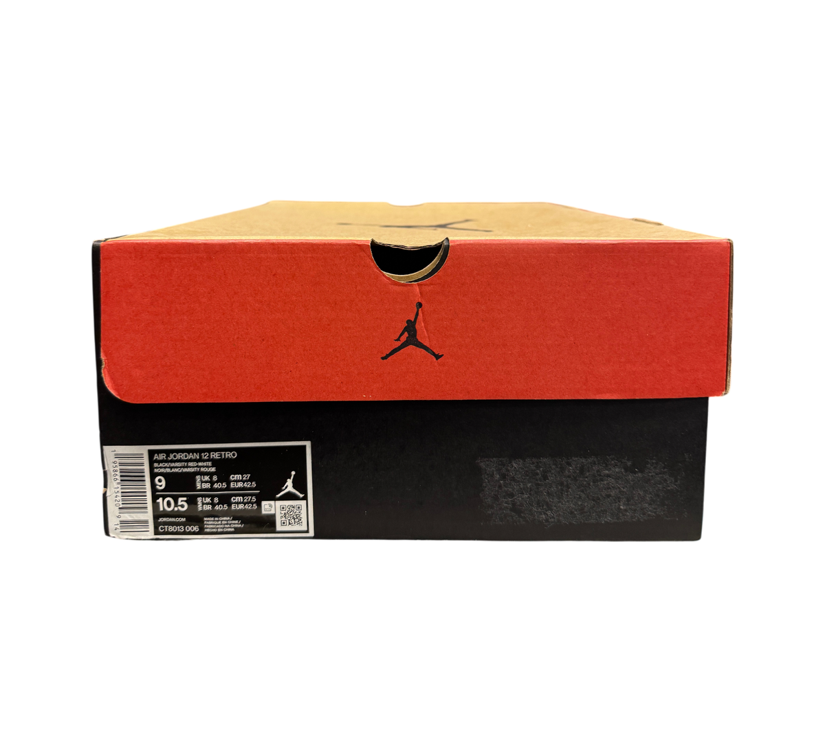 Genesis Boutique Jordan 12 Playoff sneaker box with red lid and black base featuring Jumpman logo and size label