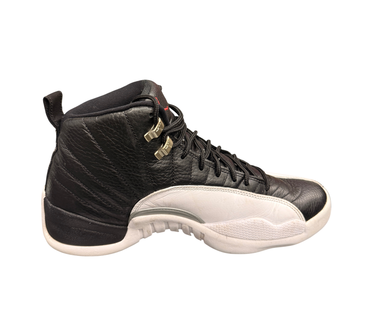 Genesis Boutique pre-owned Jordan 12 Playoff sneakers in black and white leather with metallic silver eyelets.