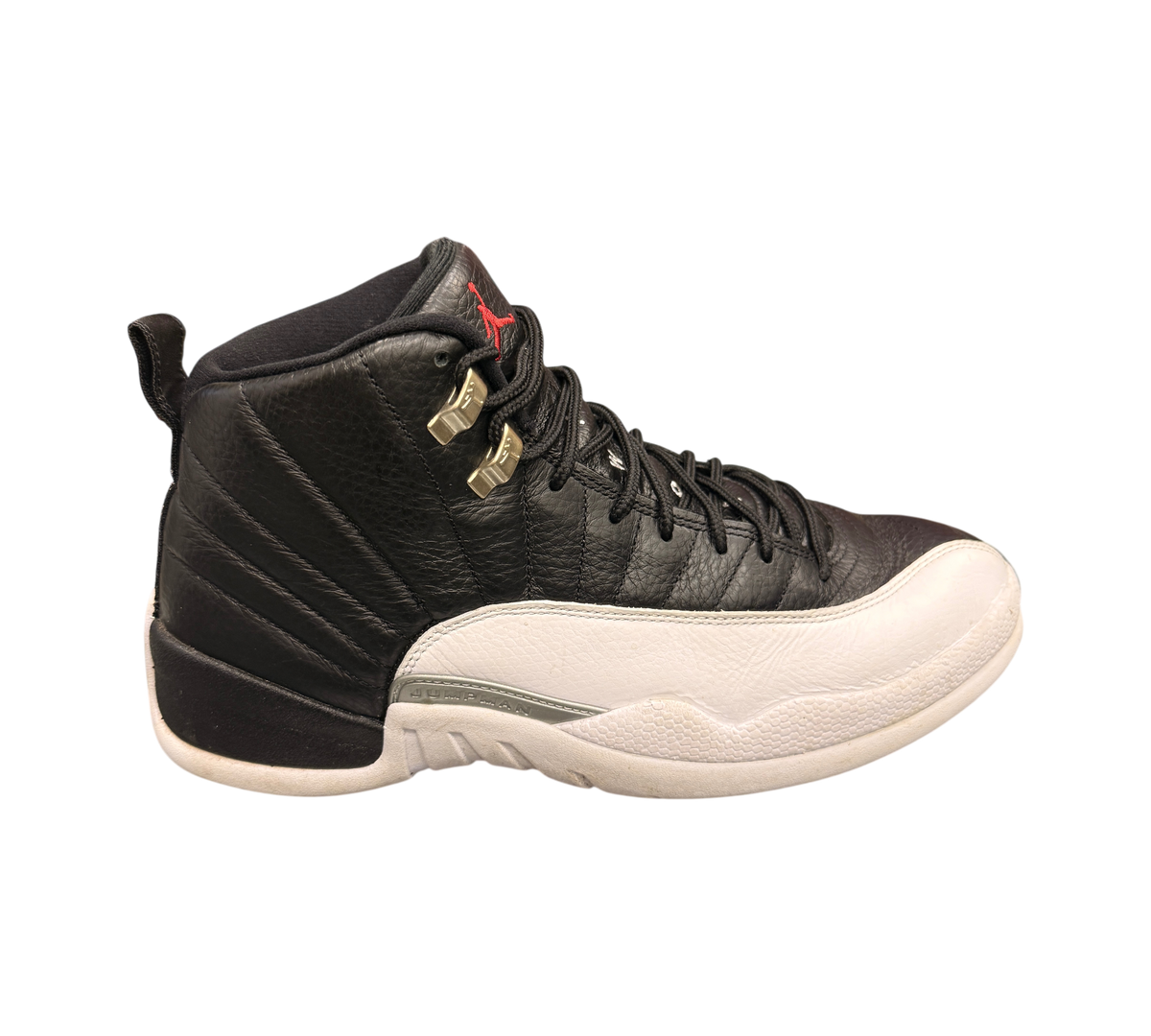 Genesis Boutique pre-owned Jordan 12 Playoff sneakers in black and white leather with red Jumpman logo.