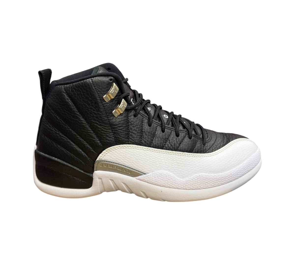 Genesis Boutique Jordan 12 Playoff sneakers in black and white leather with metallic silver eyelets