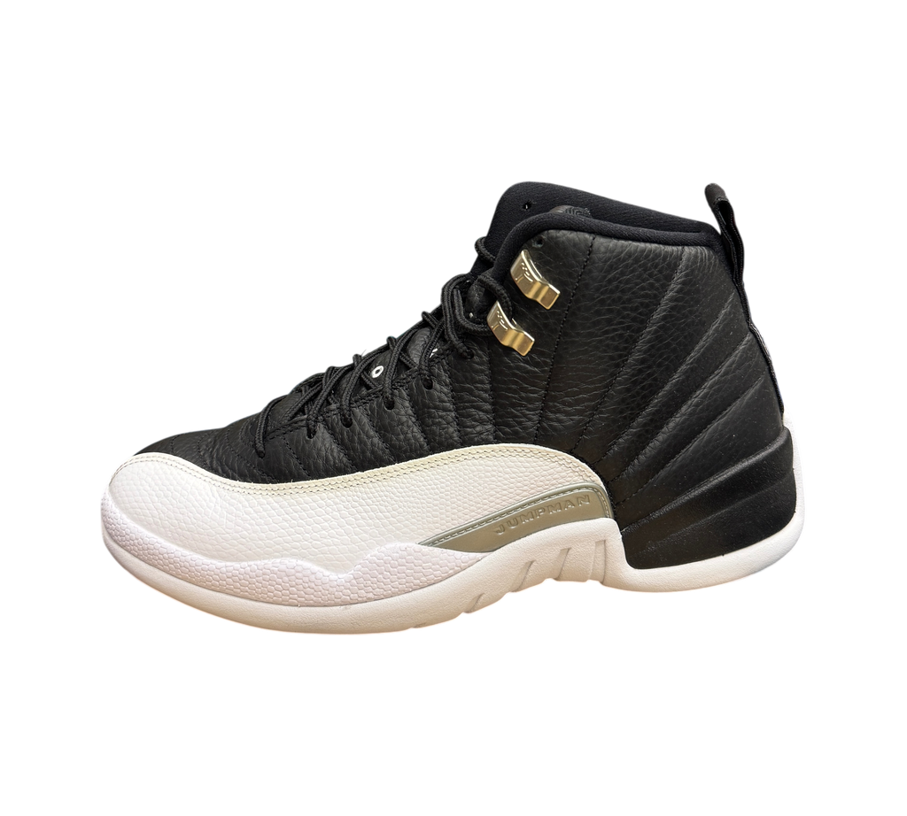 Genesis Boutique Jordan 12 Playoff sneakers in black and white leather with metallic silver eyelets