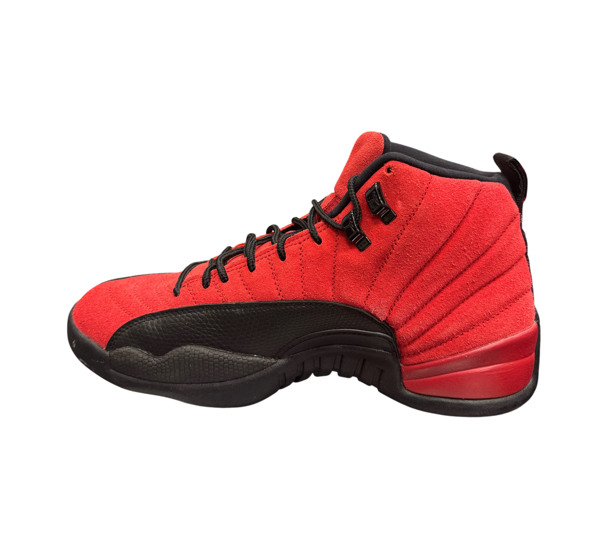 Genesis Boutique pre-owned Jordan 12 Reverse Flu Game sneakers in red suede and black leather with black laces.