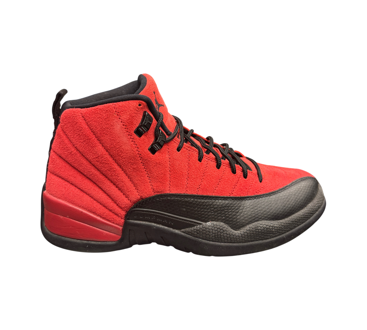Genesis Boutique pre-owned Jordan 12 Reverse Flu Game sneakers in red suede and black leather with black laces.