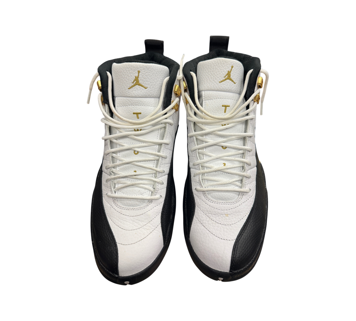 Genesis Boutique Jordan 12 Royalty Taxi sneakers in white and black leather with gold accents and white laces
