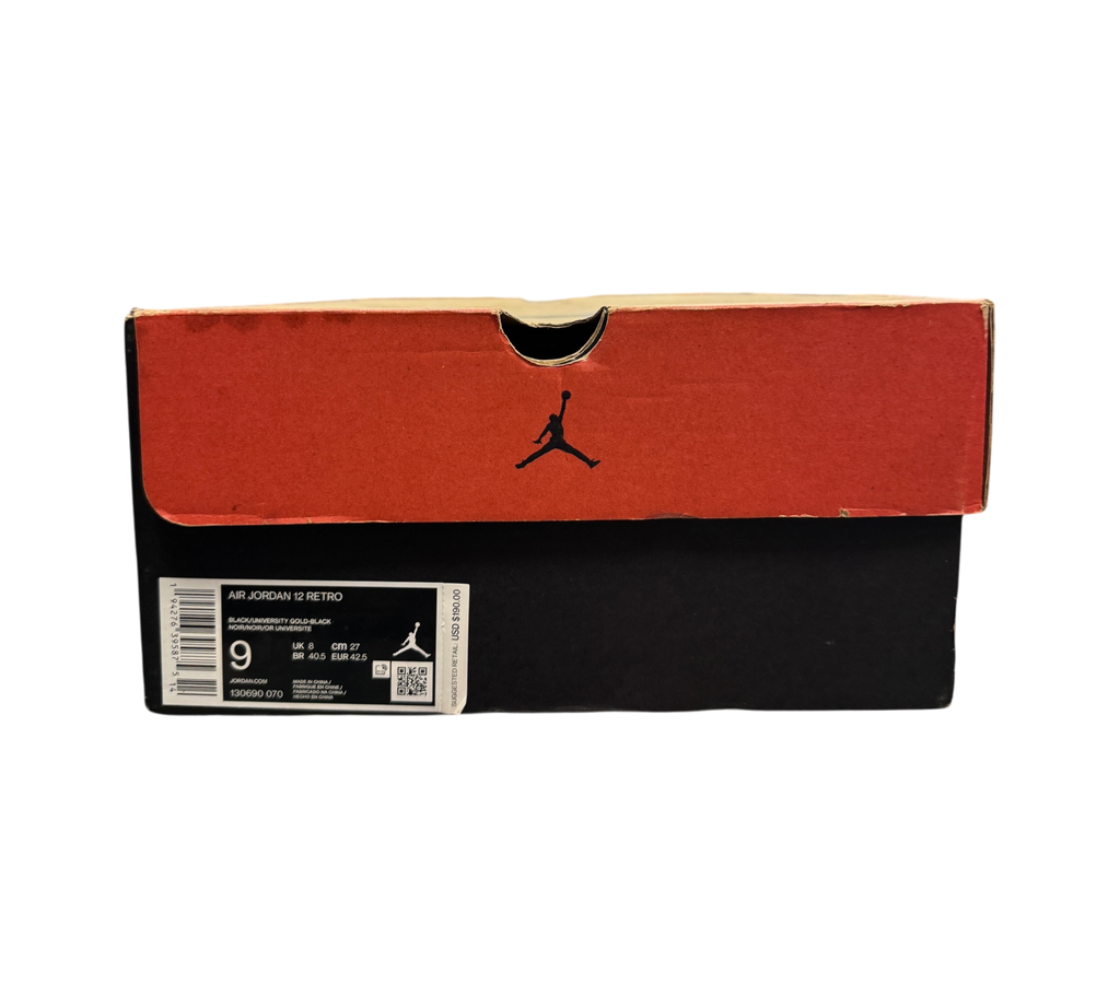 Genesis Boutique Jordan 12 University Gold sneaker box with black and red branding and size 9 label