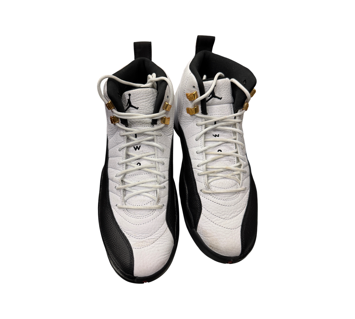 Genesis Boutique pre-owned Jordan 12 Taxi sneakers in white and black leather with gold eyelets.