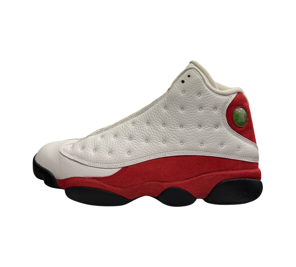 Genesis Boutique pre-owned Jordan 13 Chicago sneakers in white, red, and black with signature holographic heel logo