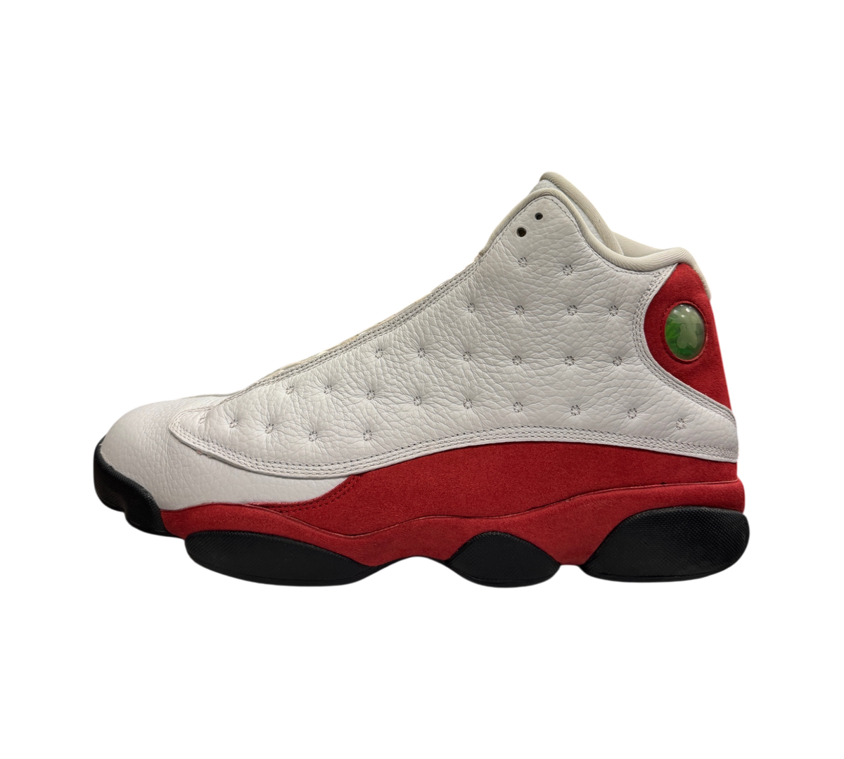 Genesis Boutique pre-owned Jordan 13 Chicago sneakers in white, red, and black with signature holographic heel logo