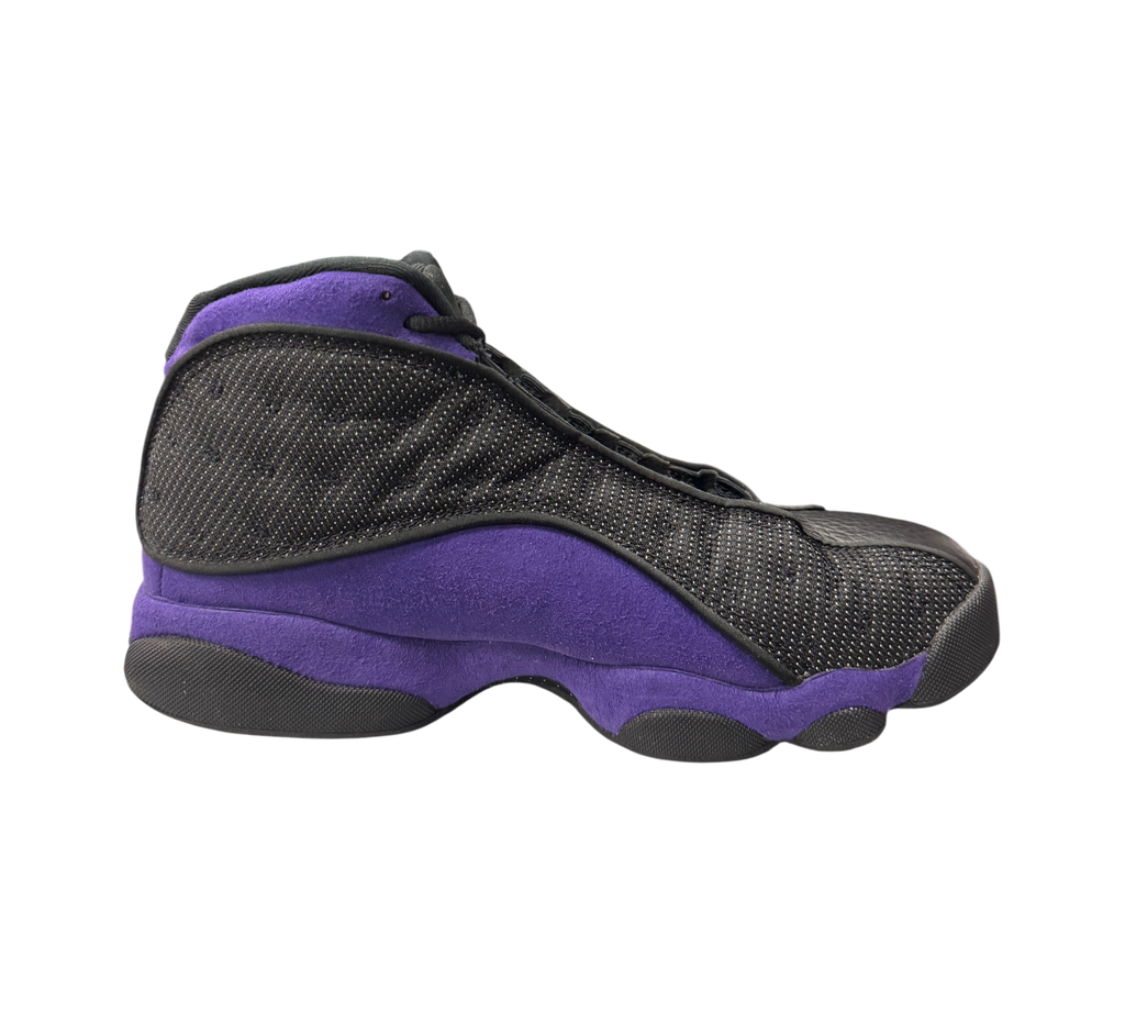 Genesis Boutique Jordan 13 Court Purple sneakers in black and purple suede with a side profile view