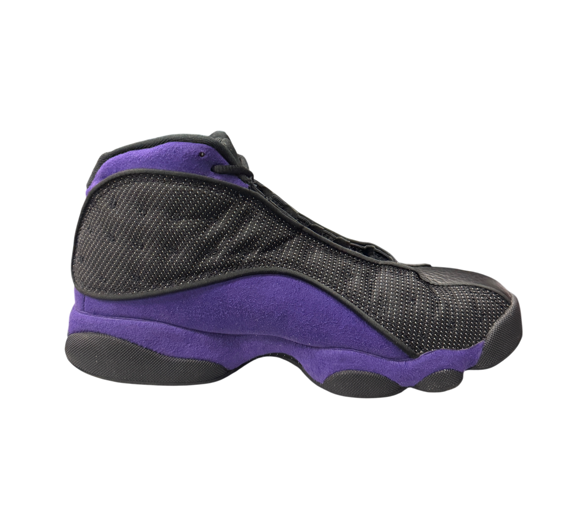 Genesis Boutique Jordan 13 Court Purple sneakers in black and purple suede with a side profile view