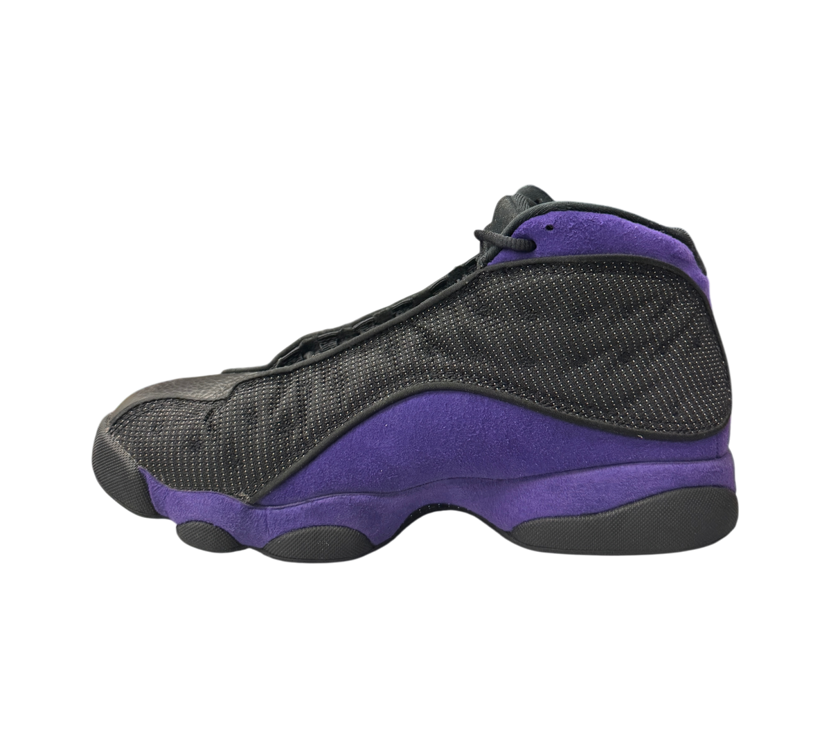 Genesis Boutique Jordan 13 Court Purple sneakers in black and purple suede and mesh side profile
