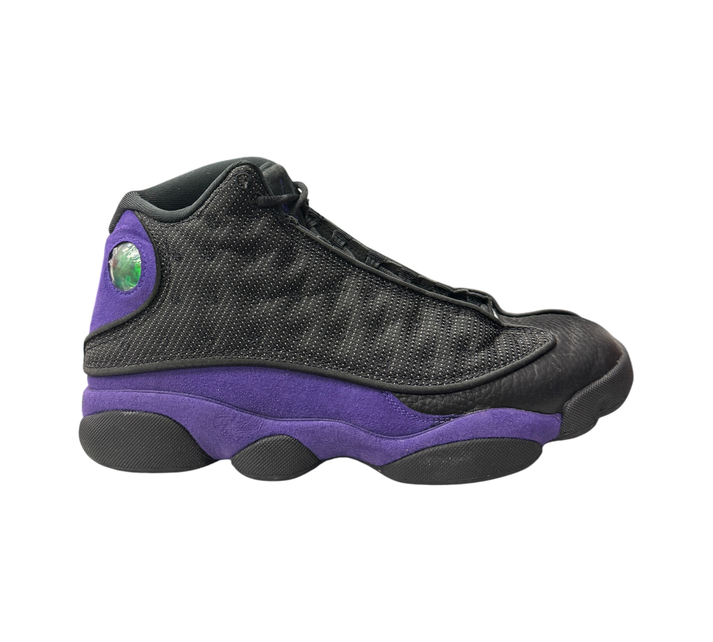 Genesis Boutique used Jordan 13 Court Purple sneakers in black and purple leather with signature holographic heel logo