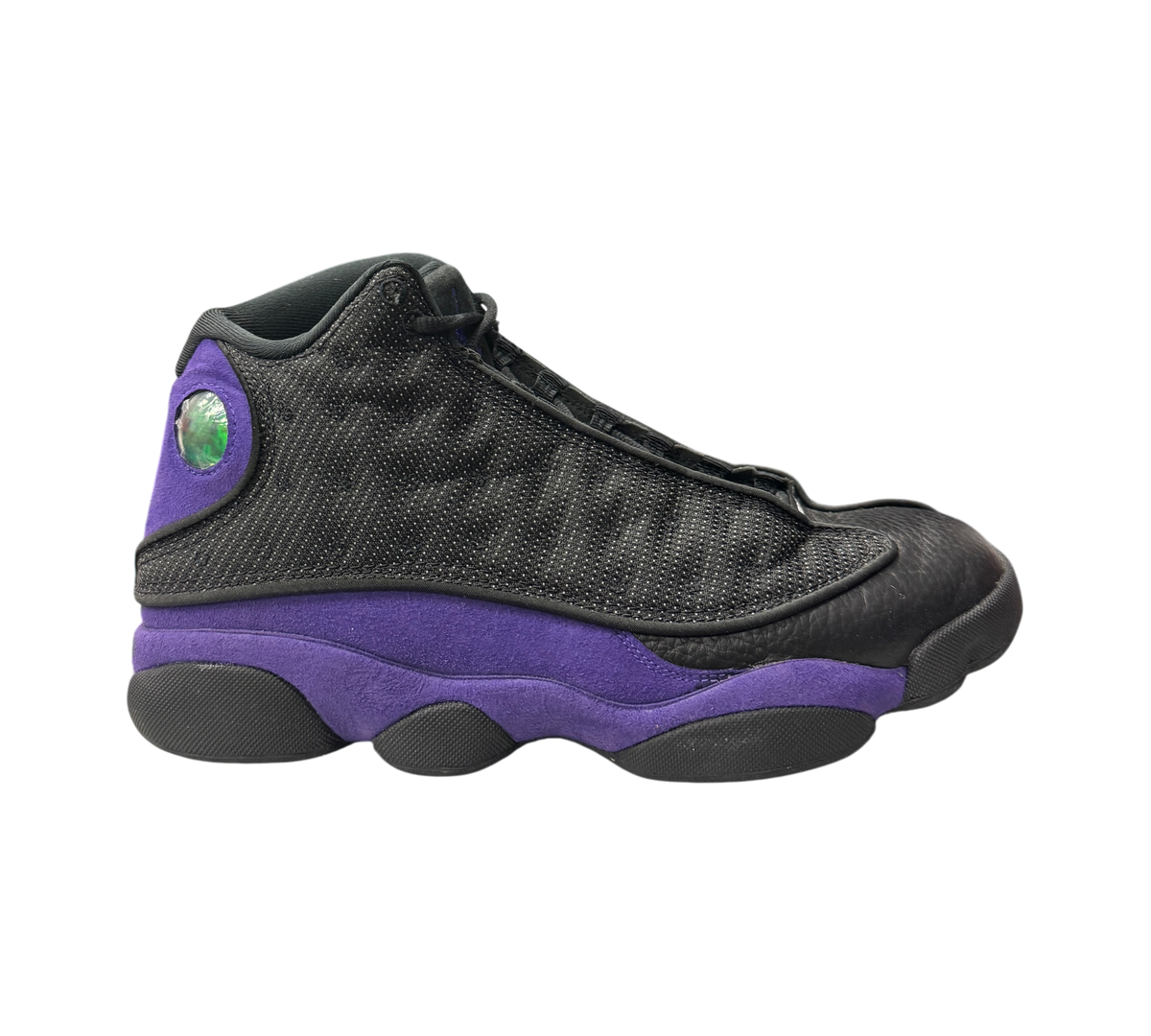 Genesis Boutique used Jordan 13 Court Purple sneakers in black and purple leather with signature holographic heel logo