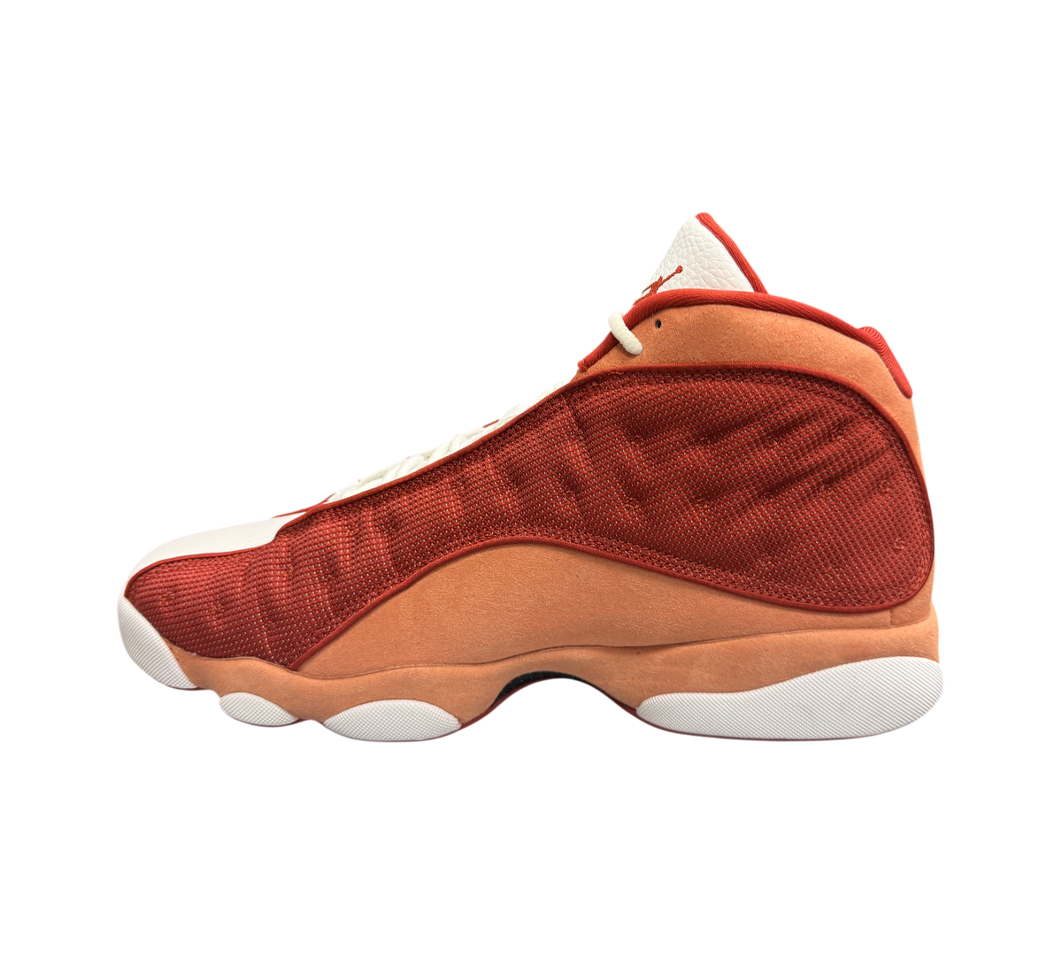 Genesis Boutique Jordan 13 Dune Red sneaker in suede and mesh with white midsole and red accents