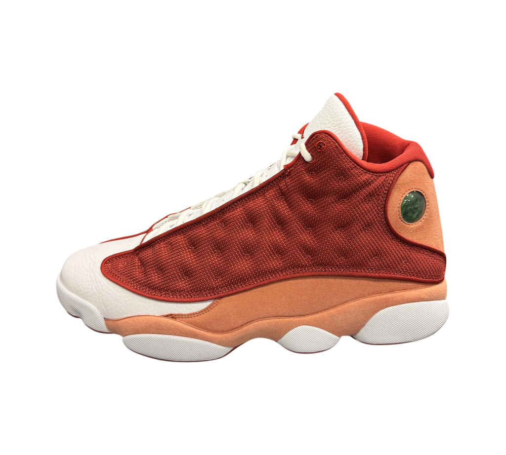 Genesis Boutique Jordan 13 Dune Red sneakers in white and red with signature holographic emblem on side view