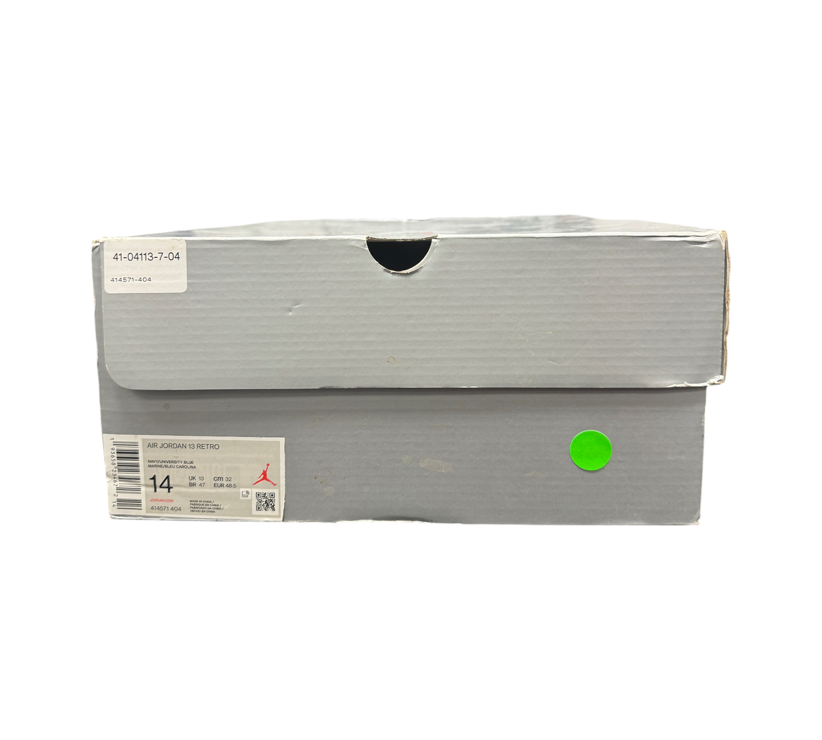 Genesis Boutique Jordan 13 Flint sneaker box with size 14 label and SKU 414571-404 in a retail storage setting