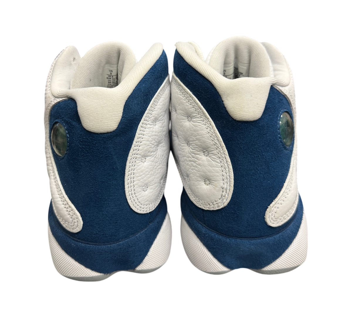 Genesis Boutique Jordan 13 French Blue sneakers featuring white leather and blue suede heel view