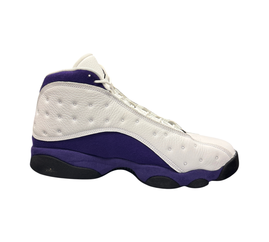 Genesis Boutique Jordan 13 Lakers sneakers in white and purple leather with black accents, side profile view.