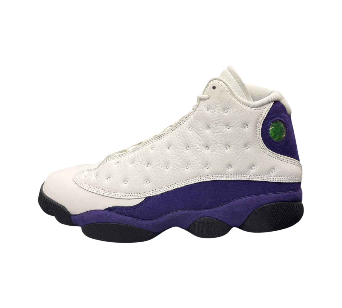 Genesis Boutique Jordan 13 Lakers sneakers in white and purple leather with signature holographic heel emblem