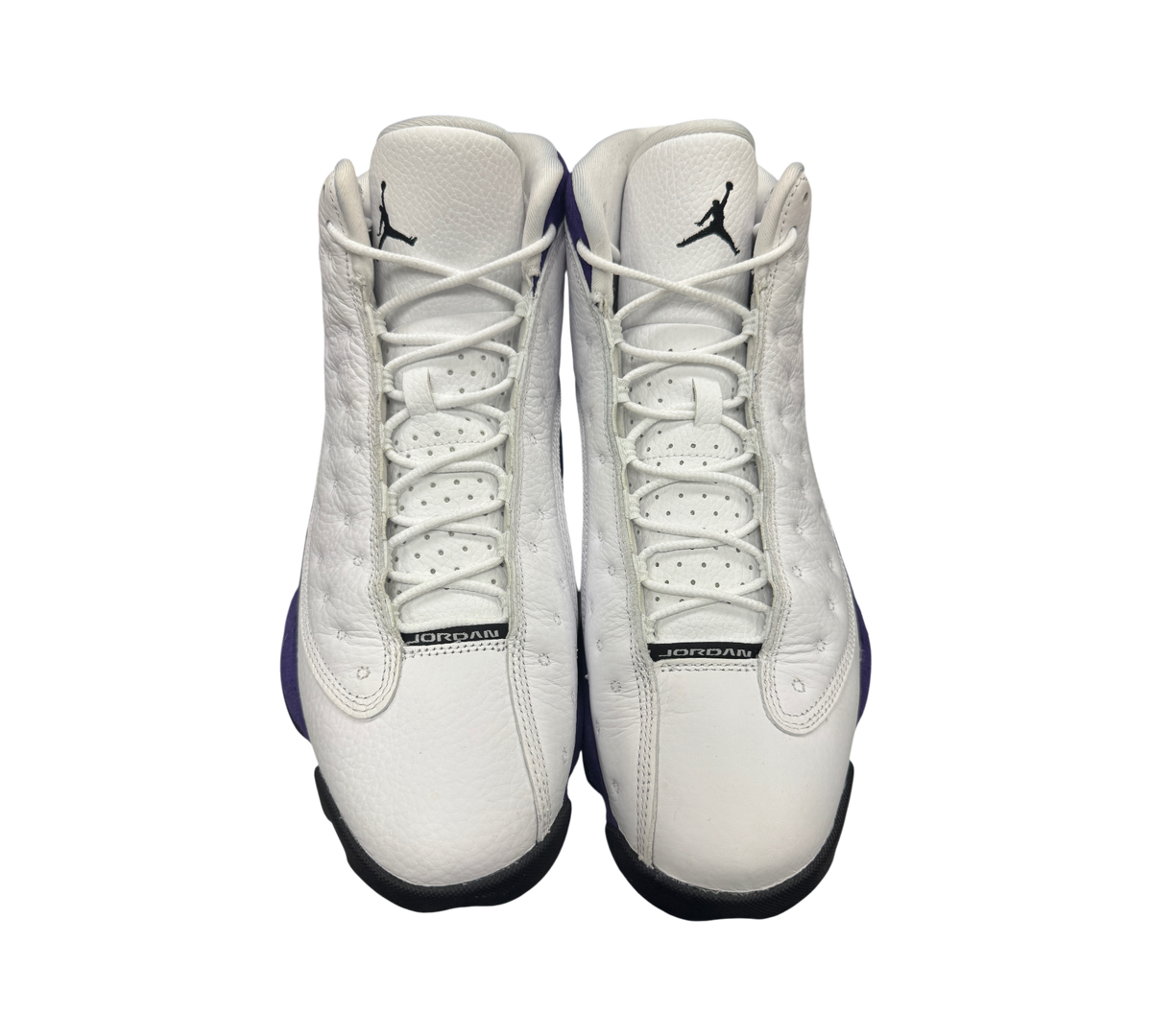 Genesis Boutique used Jordan 13 Lakers sneakers in white leather with purple accents and front view