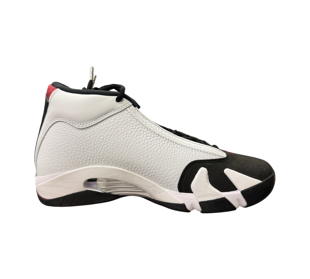 Genesis Boutique Jordan 14 Black Toe sneakers in white leather with black suede toe and red heel accents