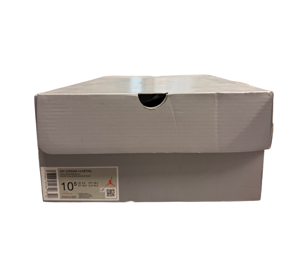 Genesis Boutique Jordan 14 Ferrari shoe box with size 10.5 label in a retail store setting