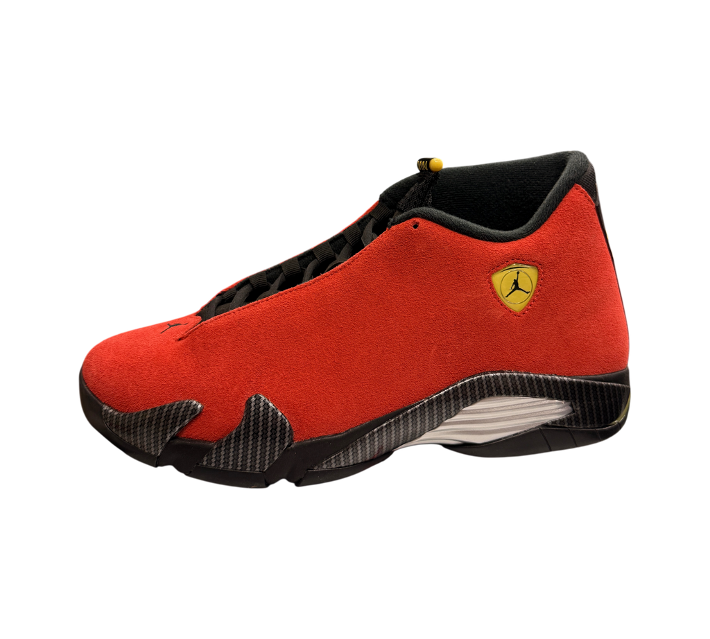 Genesis Boutique used Jordan 14 Ferrari sneakers in red suede with black carbon fiber details and yellow Jumpman logo.