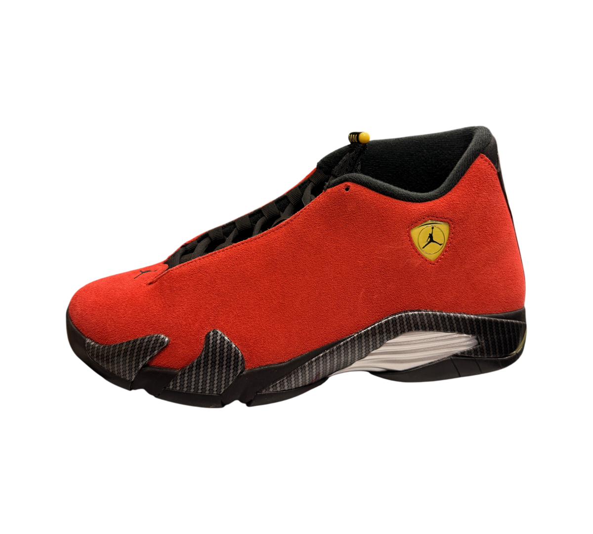 Genesis Boutique used Jordan 14 Ferrari sneakers in red suede with black carbon fiber details and yellow Jumpman logo.