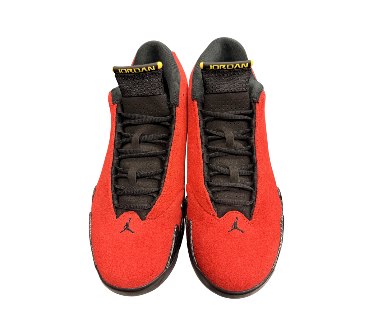 Genesis Boutique Jordan 14 Ferrari sneakers in red suede with black accents and yellow Jordan branding