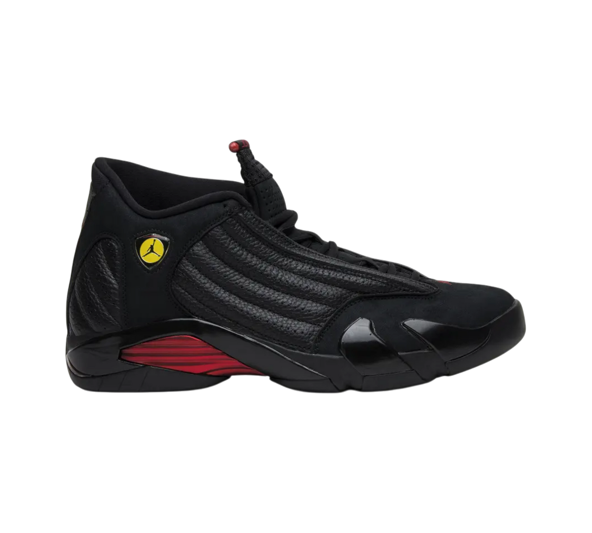 Genesis Boutique Jordan 14 "Last Shot" black sneakers with red accents and yellow Jumpman logo.
