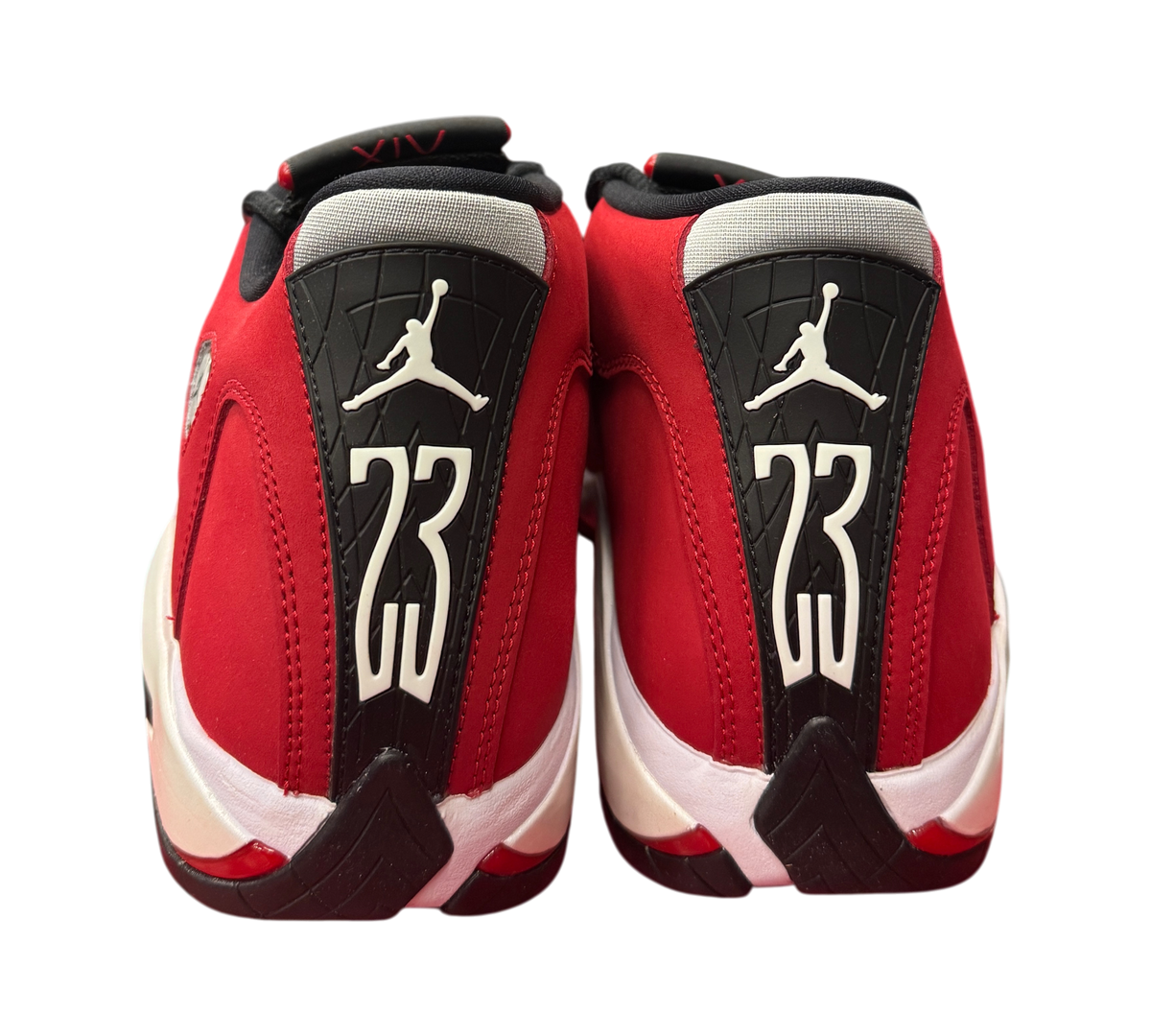 Genesis Boutique Jordan 14 Toro Bravo sneakers in red suede with white Jumpman and 23 branding on the heel
