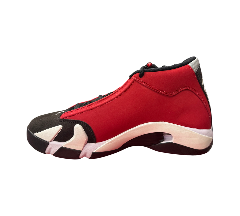 Genesis Boutique Jordan 14 Toro Bravo sneakers in red and black suede with white midsole details on a red box