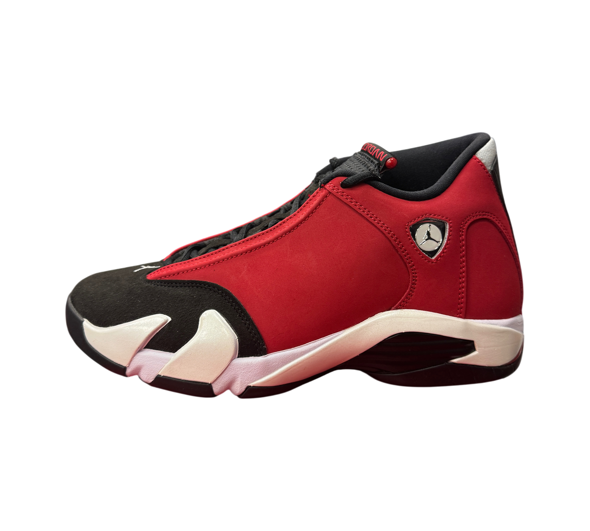 Genesis Boutique Jordan 14 Toro Bravo sneakers in red and black suede with white midsole accents