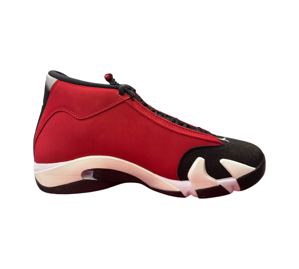 Genesis Boutique Jordan 14 Toro Bravo sneakers in red and black suede with white midsole accents